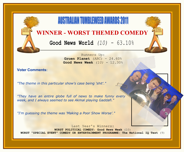 Australian Tumbleweed Awards 2011 - Winner - Worst Themed Comedy. Good News World (10) - 63.10%. Nominations: Gruen Planet (ABC) - 24.60%, Good News Week (10) - 12.30%. Voter Quotes: "The theme in this particular show's case being 'shit'." "They have an entire globe full of news to make funny every week, and I always seemed to see Akmal playing Gaddafi." "I'm guessing the theme was 'Making a Poor Show Worse'." Last Year's Winners: WORST POLITICAL COMEDY: Good News Week (10), WORST "SPECIAL EVENT" COMEDY OR ENTERTAINMENT PROGRAMME: The National IQ Test (9).