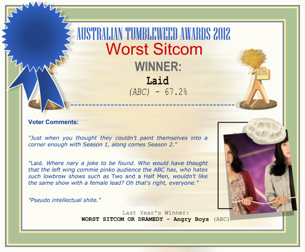 Australian Tumbleweed Awards 2012 - Worst Sitcom - Winner: Laid (ABC) - 67.2% | Voter’s Comments: "Just when you thought they couldn't paint themselves into a corner enough with Season 1, along comes Season 2." "Laid. Where nary a joke to be found. Who would have thought that the left wing commie pinko audience the ABC has, who hates such lowbrow shows such as Two and a Half Men, wouldn't like the same show with a female lead? Oh that's right, everyone." "Pseudo intellectual shite." | Last Year’s Winner: WORST SITCOM OR DRAMEDY - Angry Boys (ABC)
