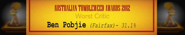 Australian Tumbleweed Awards 2012 - Worst Critic - Runner-Up: Ben Pobjie (Fairfax) - 31.1%