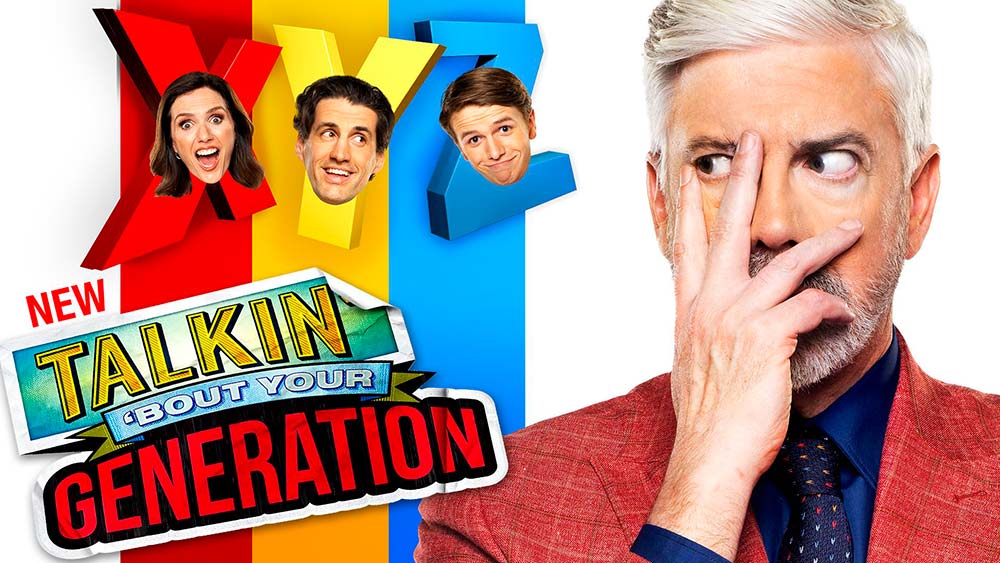 Shaun Micallef cover his face with his hands next to the Talkin' 'bout Your Generation Logo and headshots of the shows' team captains superimposes over their team names: X, Y and Z