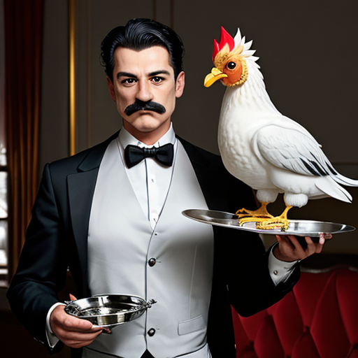 A pretentious male silver service waiter with a moustache carrying two silver trays, one with a chicken toy on it