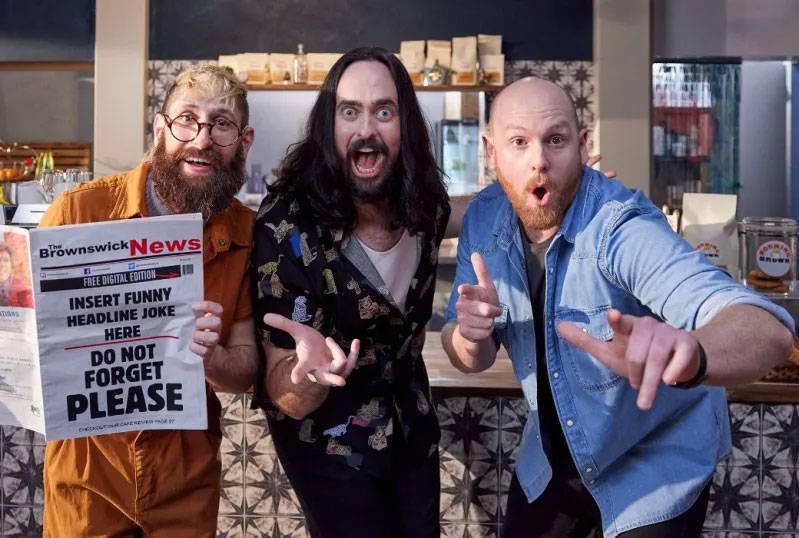 Mark, Zach and Broden pose in Aunty Donna's Coffee Cafe
