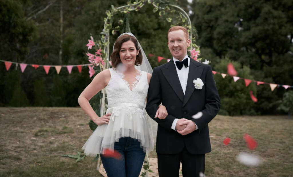 Rosehaven's Emma and Daniel dressed like bride and groom